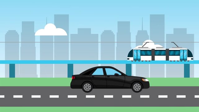 Dynamic urban commute featuring cars and a monorail moving through a cityscape under a clear blue sky.