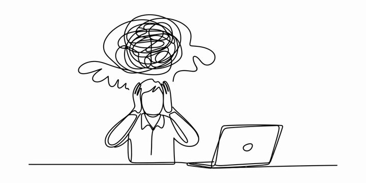 Stressed person with a messy mind working on a laptop computer drawn in a continuous line art style