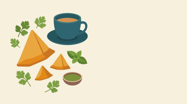 Samosas and hot tea with green chutney in pixel art style