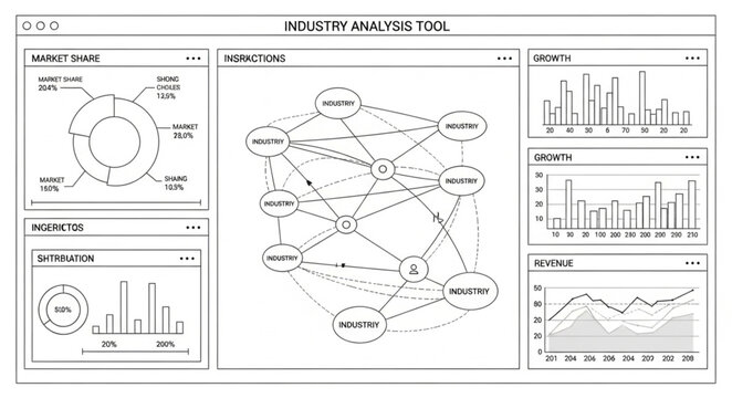 The industry analysis tool displays various graphs and charts showing industry data connections.