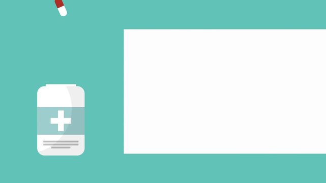 Medical pill bottle with capsule falling out of opening in animation healthcare concept.