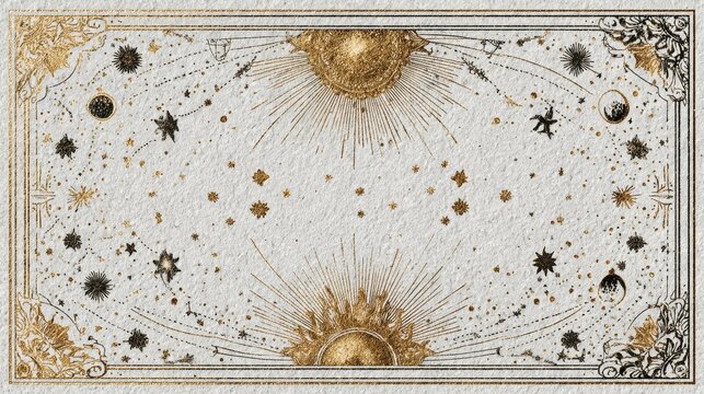 Minimalist zodiac flat poster illustration with elegant gold celestial frame, stars, moons, sun symbols, and subtle constellations on textured white paper with blank space.