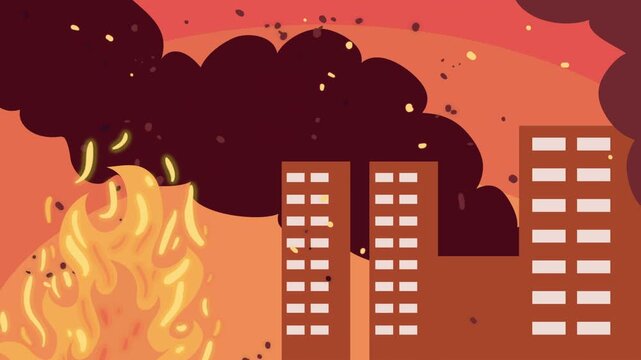 Animation of burning buildings with thick black smoke and orange flames in city landscape during catastrophe.