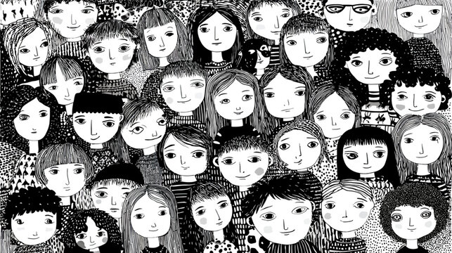 Dense crowd of diverse people faces in doodle style.