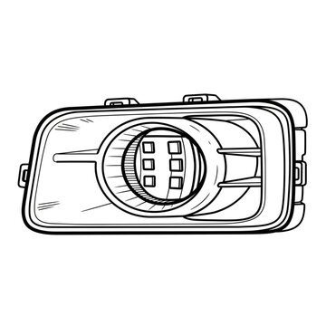 An illustration of a car headlight with a rounded rectangular shape and a circular light on a white background
