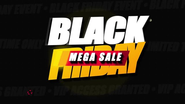 Black Friday mega sale promotional animation with bold typography and dynamic motion effects, digital marketing event background for e-commerce retail advertising