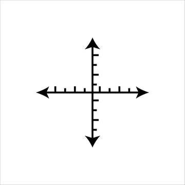 Minimalist black Cartesian coordinate system plane vector icon with tick marks isolated on white background. Blank graph grid layout for mathematics, education, science, or data presentation template.