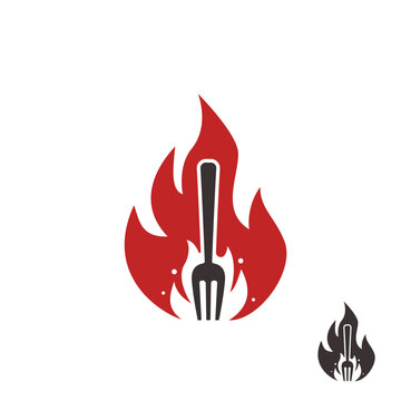 Hot Burning fork with fire flame logo icon branding for grill and bbq restaurant business brand identity template