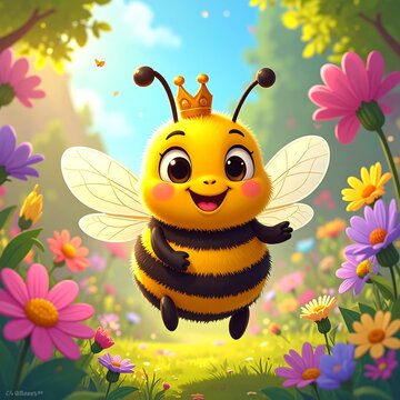 A smiling cartoon bee with a crown flies amidst colorful flowers