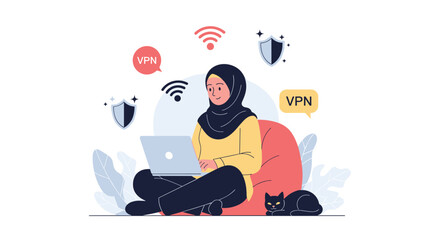 Fototapeta premium Muslim woman in a hijab sits on a beanbag with her cat while using a laptop with icons for VPN and secure Wi Fi connection.