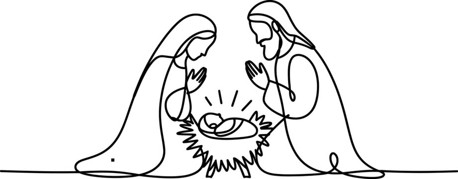 Continuous one line drawing of the holy family with baby jesus in a manger