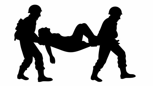 Rescue workers in silhouette carrying injured person on stretcher