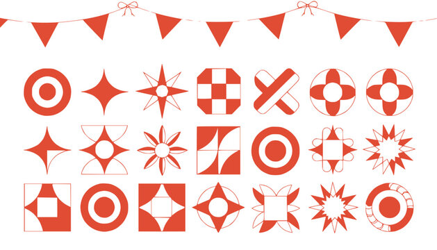 Red Geometric Shapes and Bunting Garland on White Background