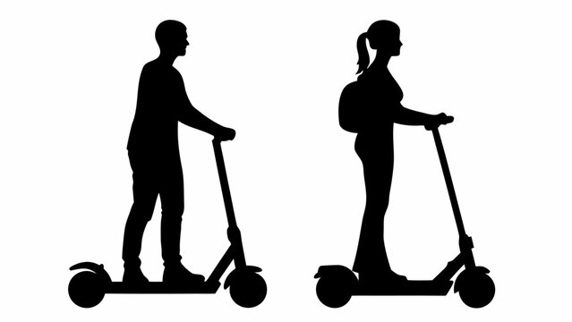 Black silhouettes of man and woman riding electric scooters side by side on white background