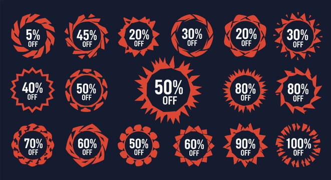Diverse collection of red sale discount labels with various percentage off values on a dark navy blue background.