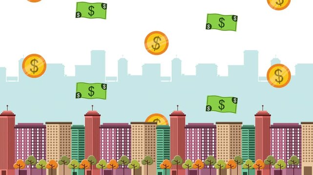 Animated city landscape background with falling gold coins and dollar bills symbolizing financial success and wealth.