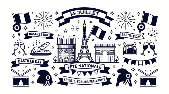 Bastille Day Celebration: French National Day Doodle Art with Icons