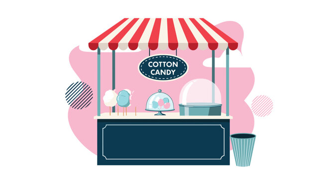 Charming cotton candy stall with a striped awning and sweet treats on display against a pink abstract background.