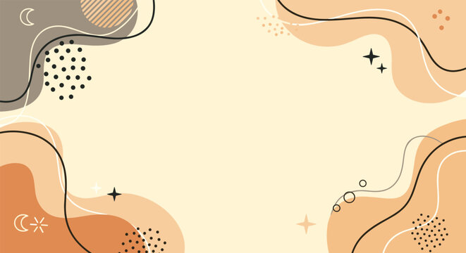 Aesthetic abstract background with organic wavy shapes in warm earthy tones featuring celestial moon and star symbols.