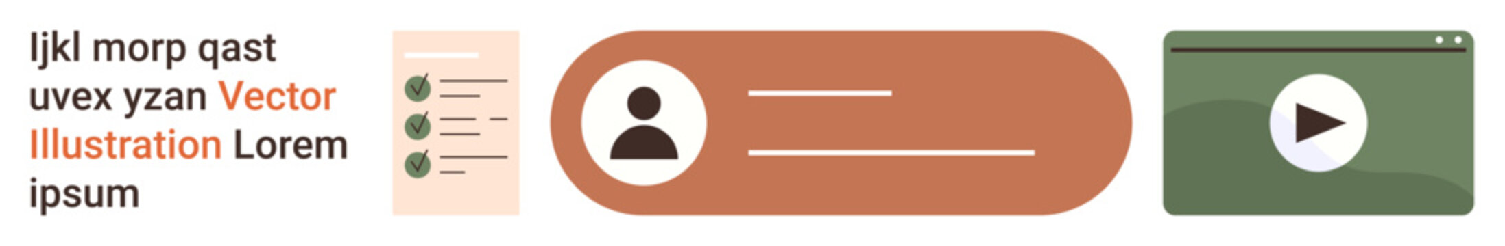 Web design, user experience, documentation, media creation, workflow organization, profile management. A profile icon, bullet-pointed document and video interface. User experience and documentation