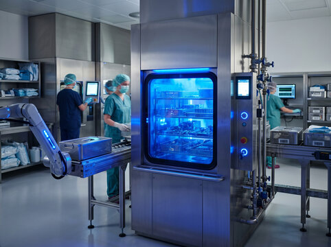 High-tech automated sterilization machine in modern hospital sterile processing department