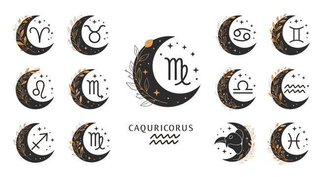 Set of twelve astrology zodiac symbols placed on dark crescent moons decorated with gold stars and delicate leaf branches.