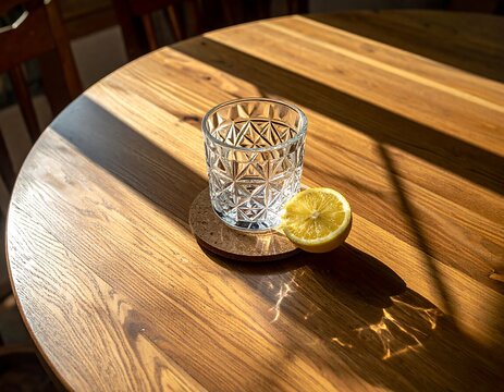 Empty crystal glass with lemon slice on wooden table with dramatic shadows