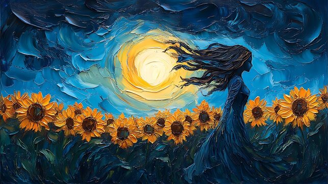 Woman silhouette in field of sunflowers with a full moon