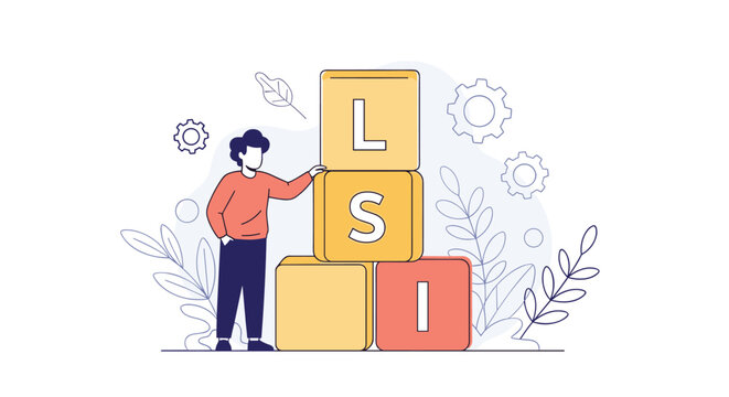 Man building a tall stack of blocks with the letters LSI representing latent semantic indexing with gears and leaves.