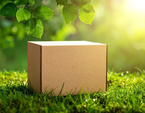 Eco friendly cardboard box on green grass with sunlit leaves