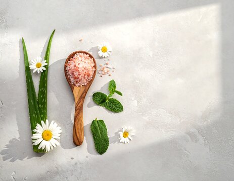 Pink Himalayan bath salt in a wooden spoon with aloe vera and chamomile flowers on light background