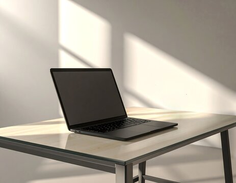 Laptop mockup on desk with minimalist aesthetic and window shadows