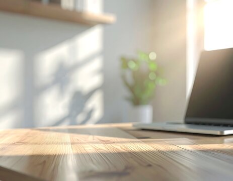 Laptop mockup on desk with minimalist aesthetic and window shadows