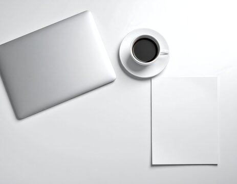 Minimalist office desk flat lay with laptop coffee and blank notebook