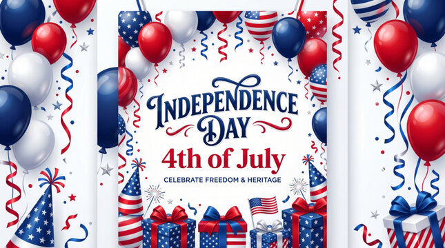 Independence Day celebration banner with patriotic balloons festive decoration and American branding campaign