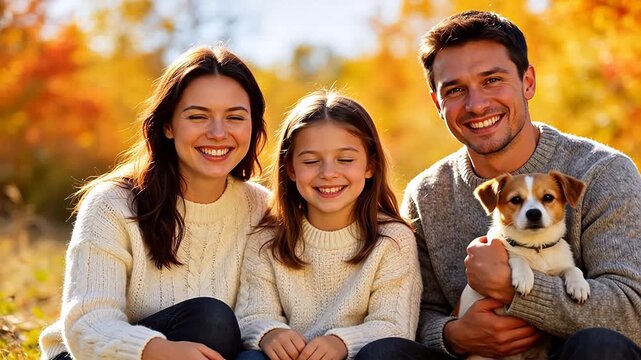 Family with dog in autumn setting