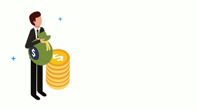 Businessman in suit holding money bag with falling golden coins in isometric vector style.