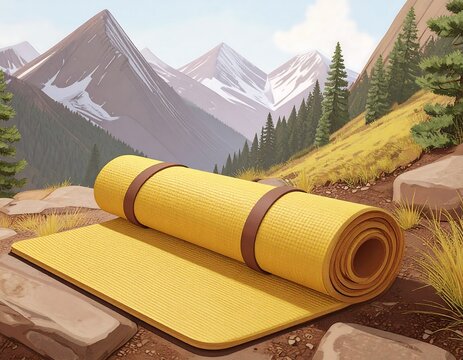 A rolled-up yoga mat rests on a rocky trail with a mountainous landscape backdrop. The mat is yellow and secured