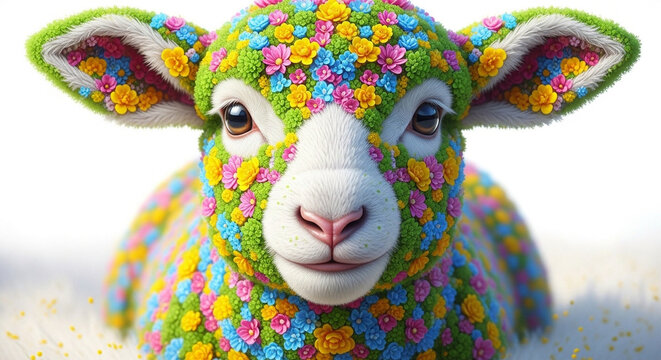 Cute Lamb Covered in Colorful Flowers, Easter Theme