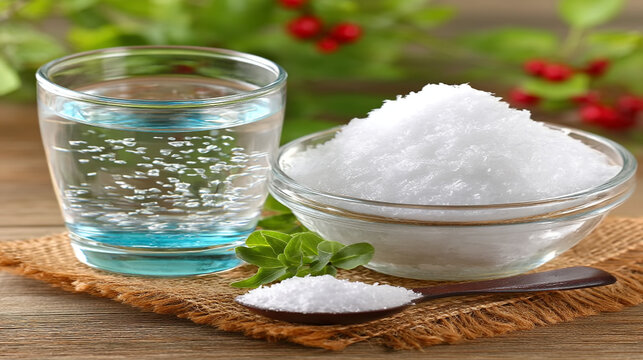 Close-up of a glass of water and a bowl of salt on a wooden table with still life