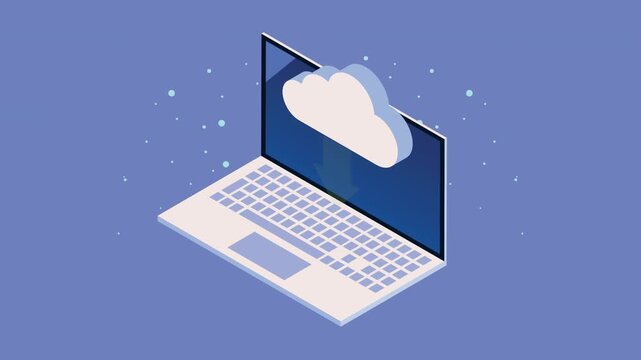 Isometric cloud computing and download animation on laptop screen representing data synchronization and storage.