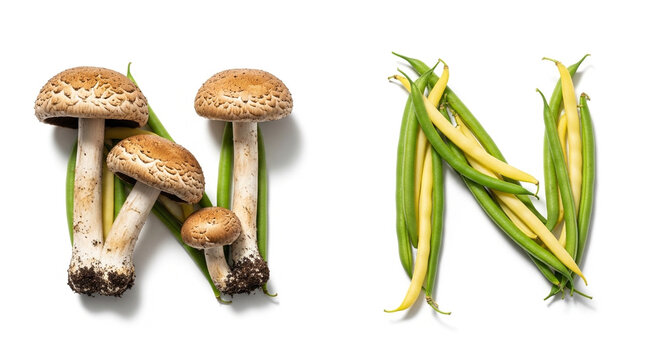 Alphabet letters N made from mushrooms and green beans