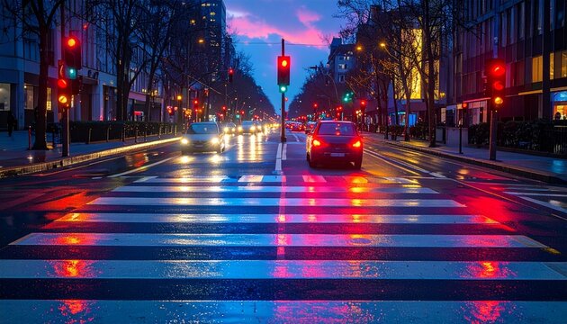 City street at night with traffic lights and reflections.
