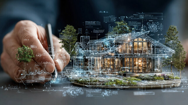 Architect Designing Futuristic Real Estate with Smart Home Technology on Detailed Blueprint Showcasing Planning IoT Integration Connected Living and Innovative Residential Solutions