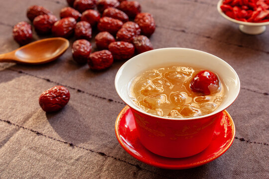 Sweet snow fungus soup with red dates and goji berries