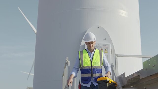 Wind Turbine energy system for sustainable development goals, Wind turbine technician safety vest and hardhat during inspection and maintenance power facility renewable energy worker with toolbox