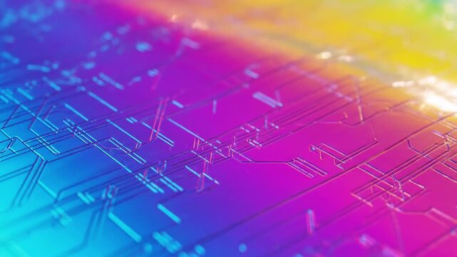 A colorful, gradient background with circuit board pattern and bright light reflections