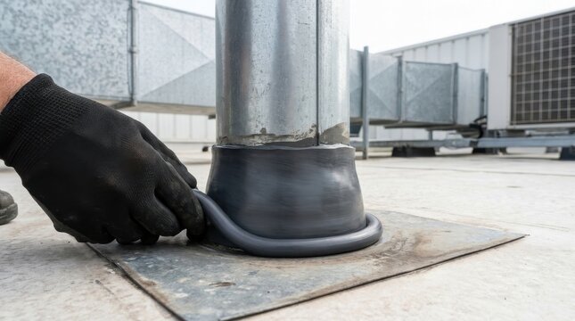 Worker applying a new rubber seal around a roof vent pipe during construction or repair for weatherproofing