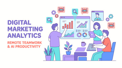 Fototapeta premium Digital Marketing Analytics Team Working Remotely with AI Productivity Tools.