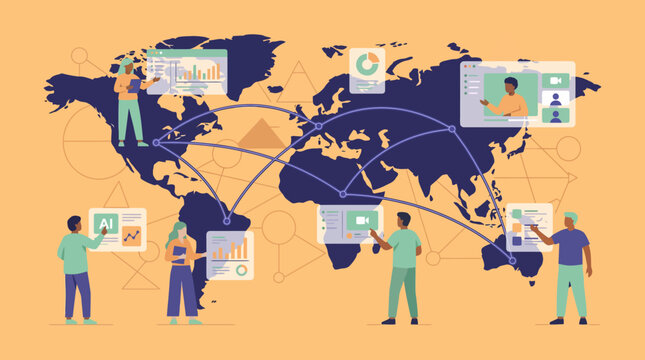 Global Team Collaboration on World Map &ndash; Diverse People Connected through International Network, Flat Illustration